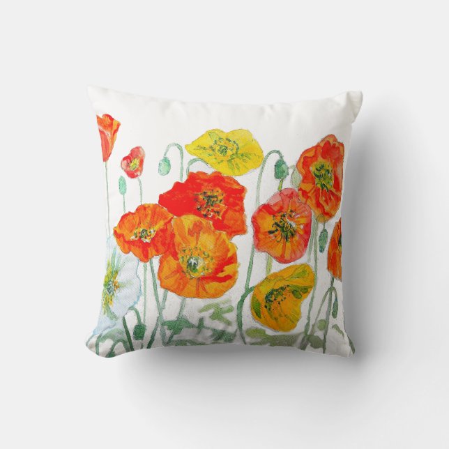 Orange Red Yellow Poppy Watercolor Cushion White (Front)