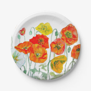 Orange Red Yellow Poppy Watercolor Cushion White Paper Plate