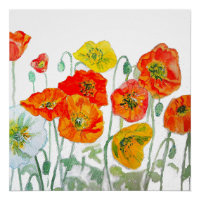 Orange Red Yellow Poppy Watercolor Cushion White