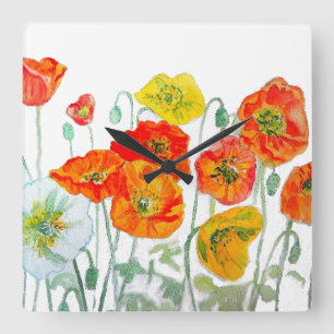 Orange Red Yellow Poppy Watercolor Cushion White Square Wall Clock