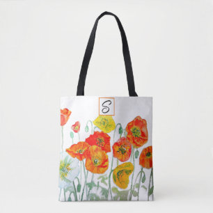 Orange Red Yellow Poppy Watercolor Girls Initial Tote Bag