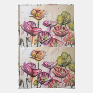 Orange Red Yellow Poppy Watercolour Tea Towel
