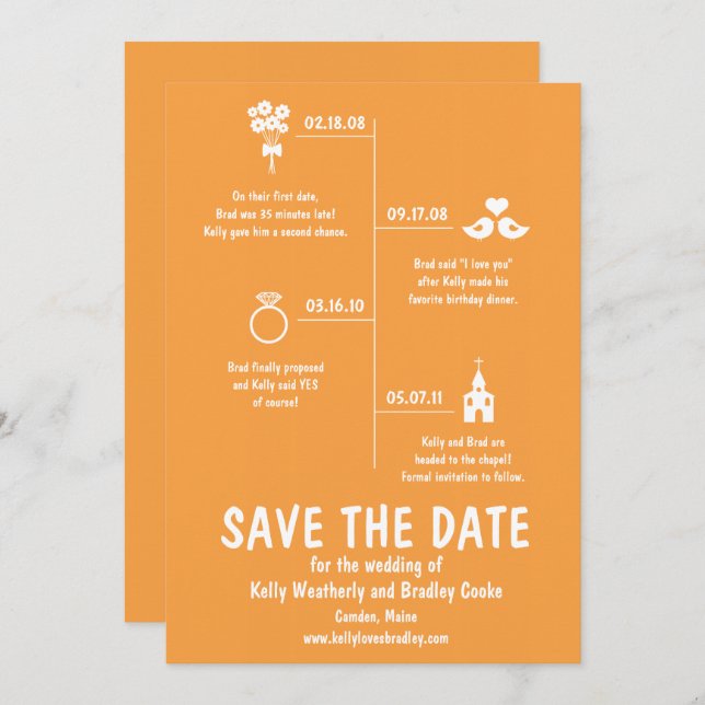 Orange Relationship Timeline Wedding Save the Date Invitation (Front/Back)