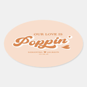 Orange Retro 70s Boho Popcorn Wedding Favour Oval Sticker