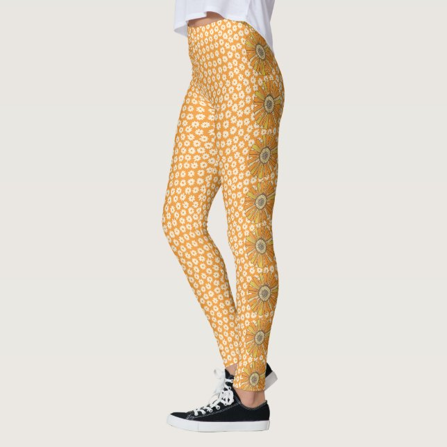 Orange Retro 70s Flower Leggings (Left)