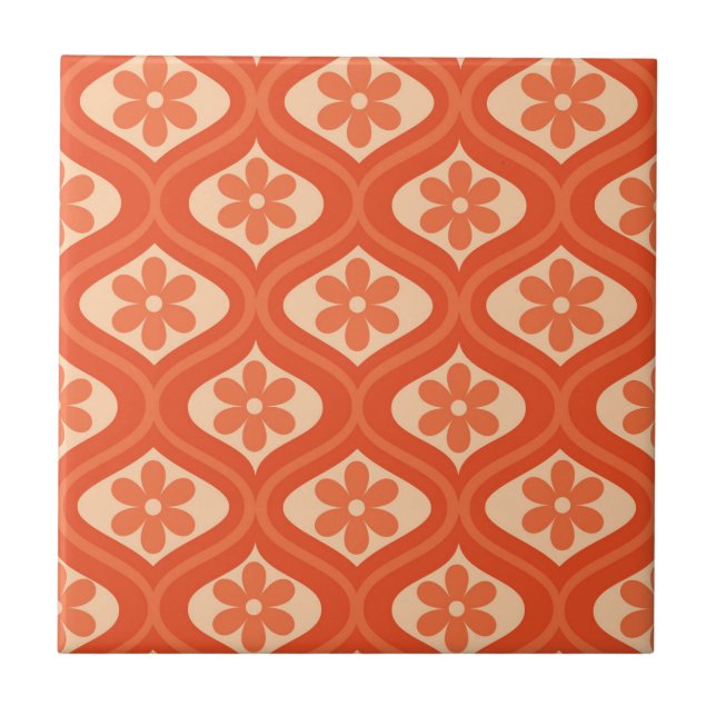 Orange retro 70s flower on ogee pattern tile (Front)
