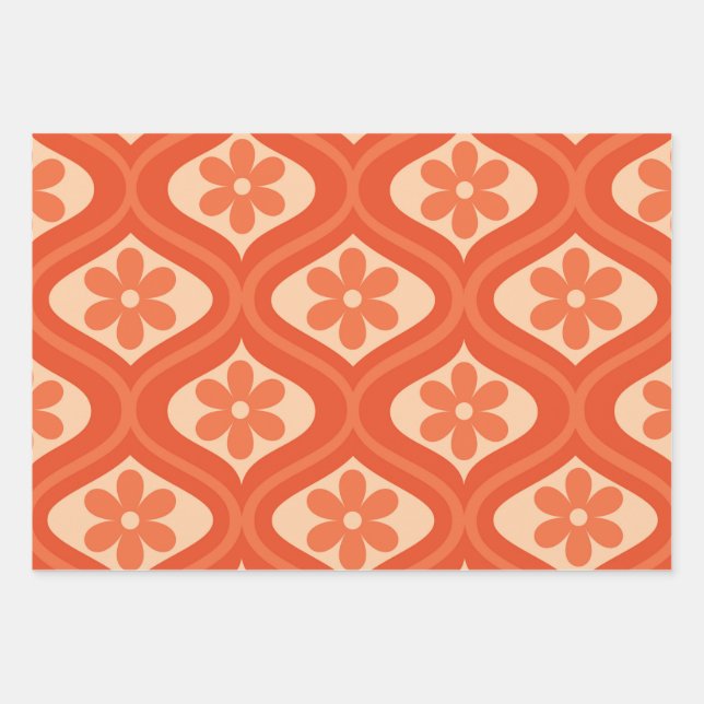 Orange retro 70s flower on ogee pattern  wrapping paper sheet (Front 3)