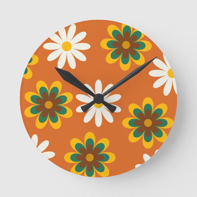 Orange Retro 70s Flowers Round Clock (Front)
