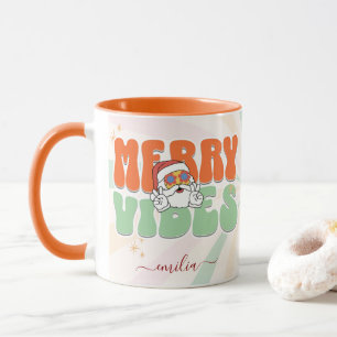 Orange Retro 70s Themed Merry Vibes Custom Name Mug