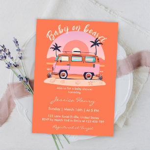 Orange Retro Baby on Board Vintage Van Baby Shower Invitation