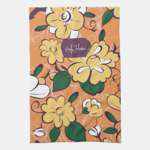 Orange Retro Botanical Yellow Flowers Custom Name Tea Towel