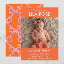 Orange Retro Bow Photo Birth Announcement Card