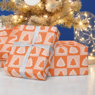 Orange Retro Christmas Tree Orange Tartan Plaid Wrapping Paper