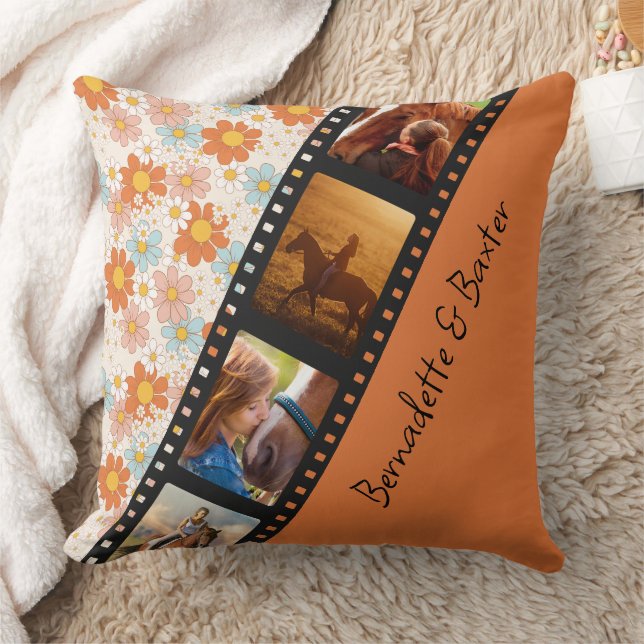 Orange Retro Daisy 4 Photo Horse Collage Name Cushion (Blanket)