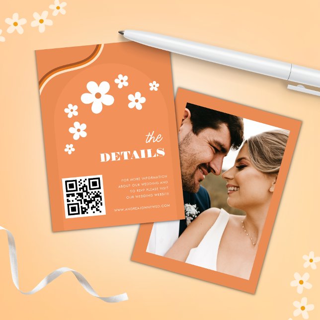 Orange Retro Daisy Boho QR Code Wedding Details Enclosure Card (Creator Uploaded)