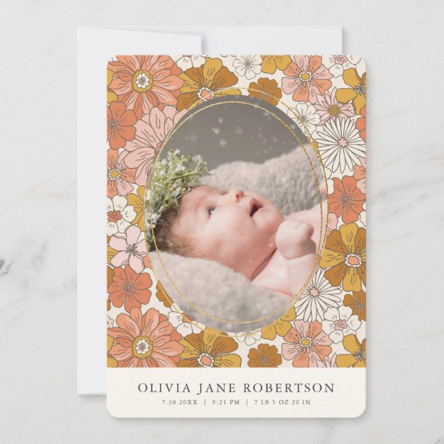 Orange Retro Floral Girl Photo Birth Announcement (Front)