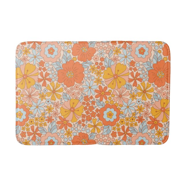 Orange Retro Flower Pattern Bath Mat (Front)