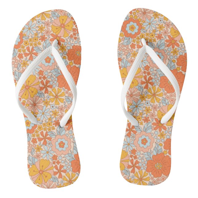 Orange Retro Flower Pattern Flip Flops (Footbed)
