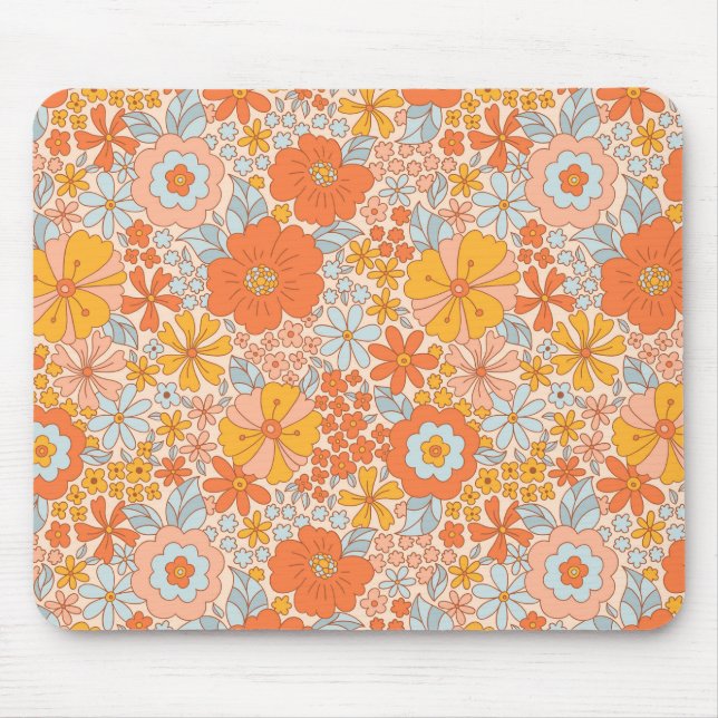 Orange Retro Flower Pattern Mouse Mat (Front)