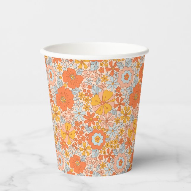 Orange Retro Flower Pattern Paper Cups (Front)