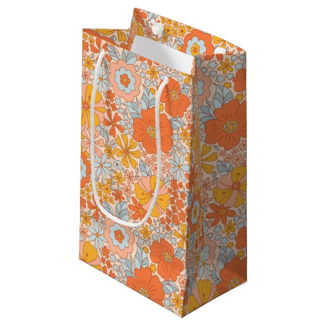 Orange Retro Flower Pattern Small Gift Bag (Front Angled)