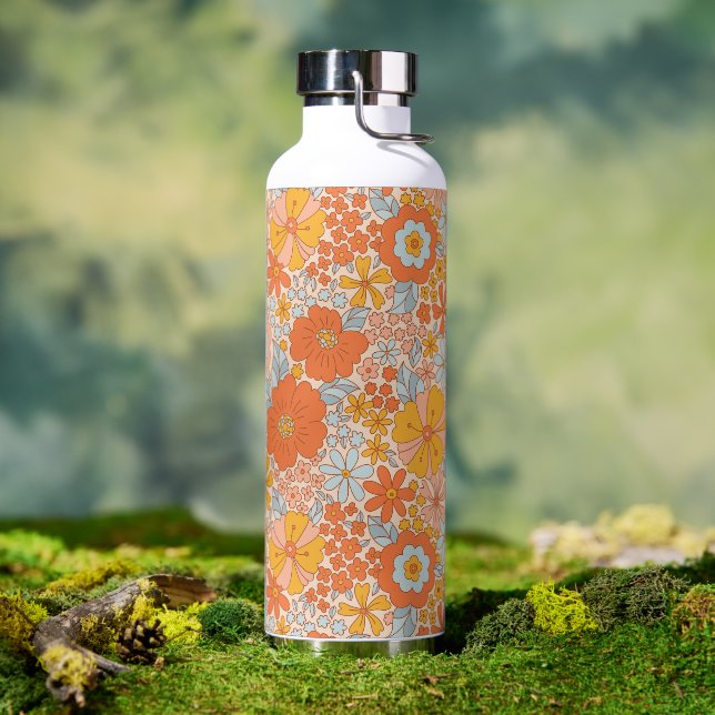 Orange Retro Flower Pattern Water Bottle (Outdoor)
