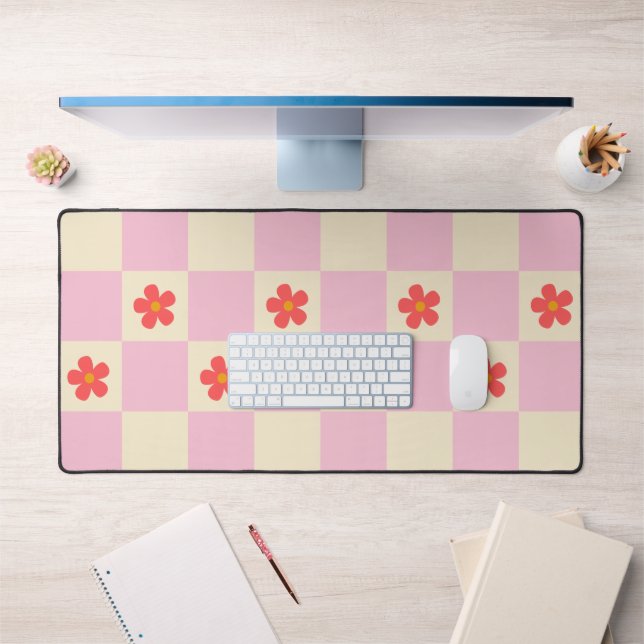 Orange Retro Groovy Daisy Flower & Pink Chequered  Desk Mat (Office 1)