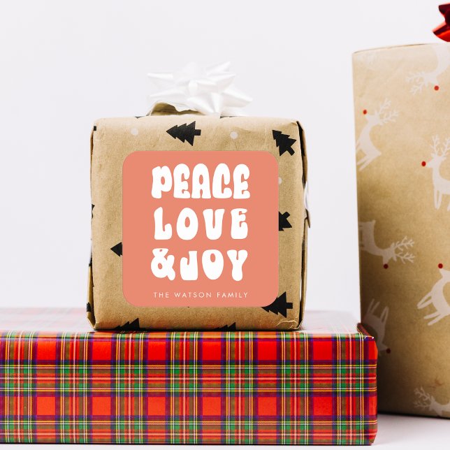 Orange Retro Groovy Peace Love Joy Holiday Square Sticker (Orange Retro Groovy Peace Love Joy Holiday Square Sticker)