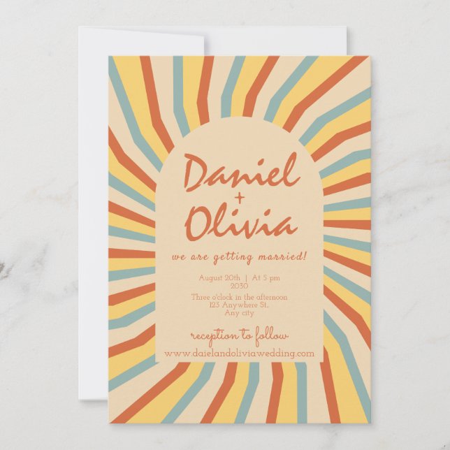 Orange Retro Line with QR Wedding Invitation (Front)