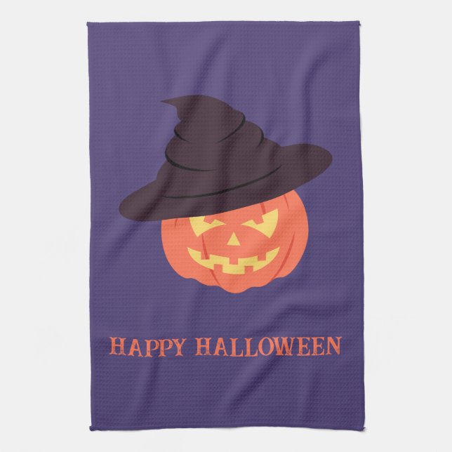 Orange Retro Pumpkin Happy Halloween Tea Towel (Vertical)