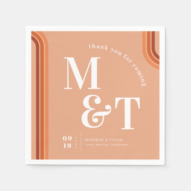Orange Retro Seventies Stripes | Wedding Monogram Napkin (Front)