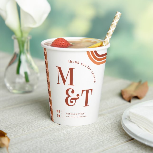 Orange Retro Seventies Stripes | Wedding Monogram Paper Cups (Insitu)