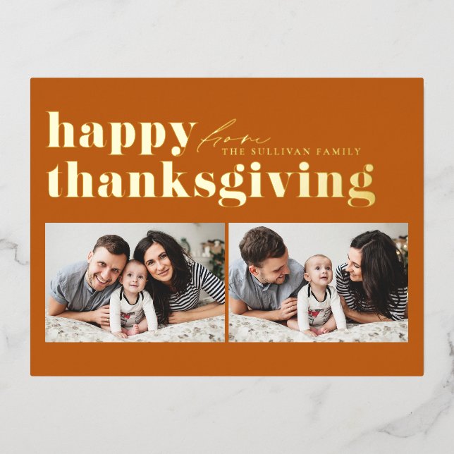 Orange Retro Typography Happy Thanksgiving Photo  Foil Holiday Postcard (Front)