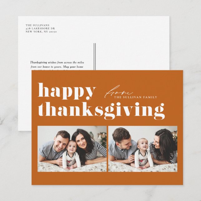 Orange Retro Typography Happy Thanksgiving Photo  Holiday Postcard (Front/Back)