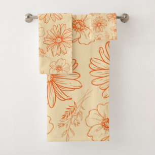 Orange Retro Vintage Y2K Flower Pattern Bath Towel Set