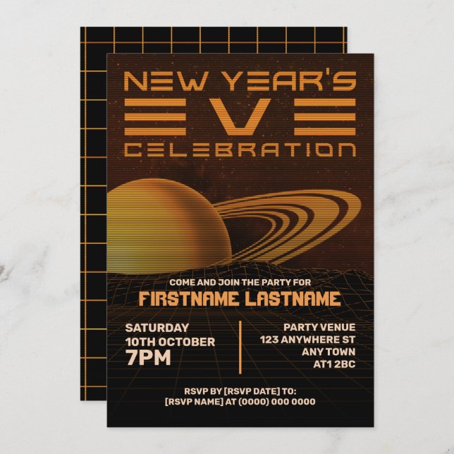 Orange Retrowave New Year Party Invitation (Front/Back)