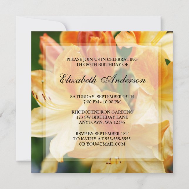 Orange Rhododendron Flowers 80th Birthday Party Invitation (Front)