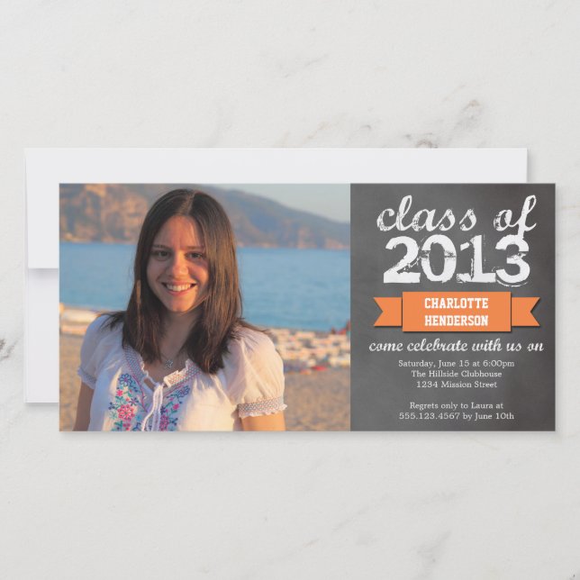 Orange ribbon banner chalkboard photo graduation announcement (Front)