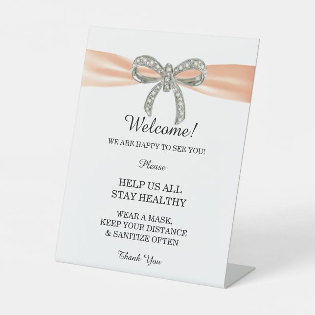 Orange Ribbon Diamond Bow Wedding Safety  Pedestal Sign (Front)