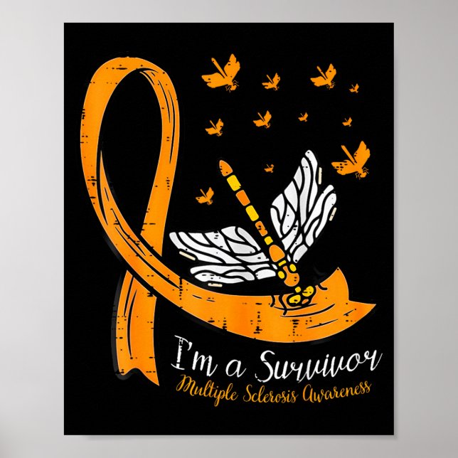 Orange Ribbon Dragonfly Multiple Sclerosis Awarene Poster (Front)