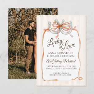 Orange ribbon lucky in love horseshoe fall wedding invitation