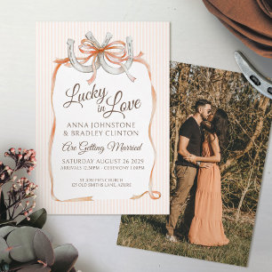 Orange ribbon lucky in love horseshoe fall wedding invitation