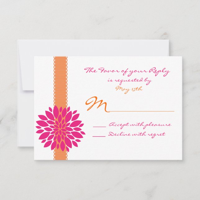 Orange Ribbon Pink Flower Wedding RSVP Reply Cards (Front)