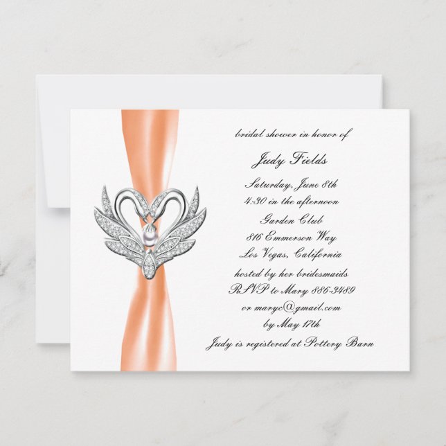 Orange Ribbon Silver Swan Bridal Shower Invitation (Front)