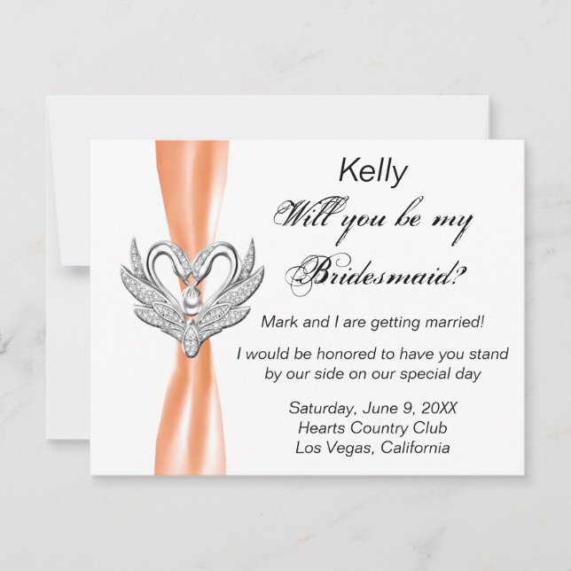 Orange Ribbon Silver Swans Bridesmaid Card (Front)