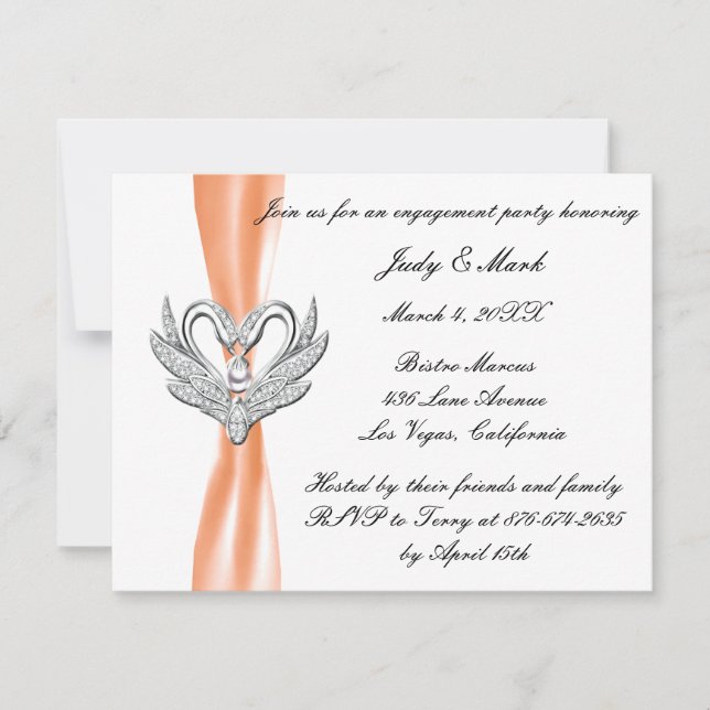 Orange Ribbon Silver Swans Engagement Party Invite (Front)