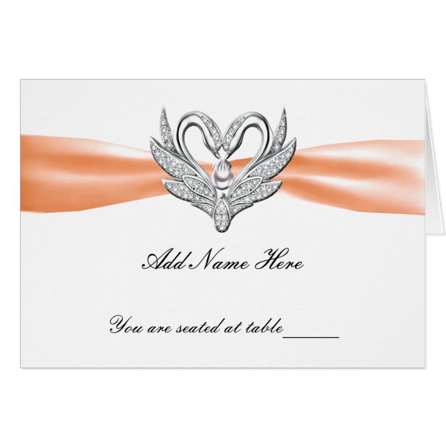 Orange Ribbon Silver Swans Folded Table Place Card (Front Horizontal)