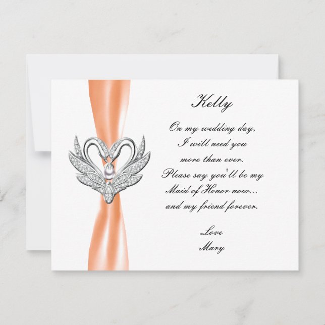 Orange Ribbon Silver Swans Maid Of Honour Card (Front)