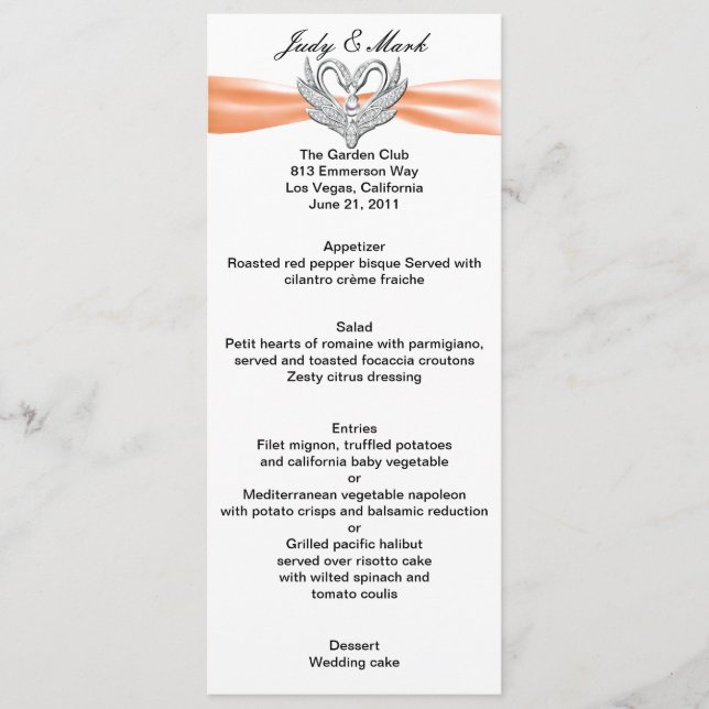 Orange Ribbon Silver Swans Menu Card (Front)