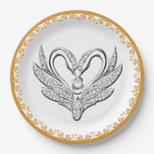 Orange Ribbon Silver Swans Paper Plate